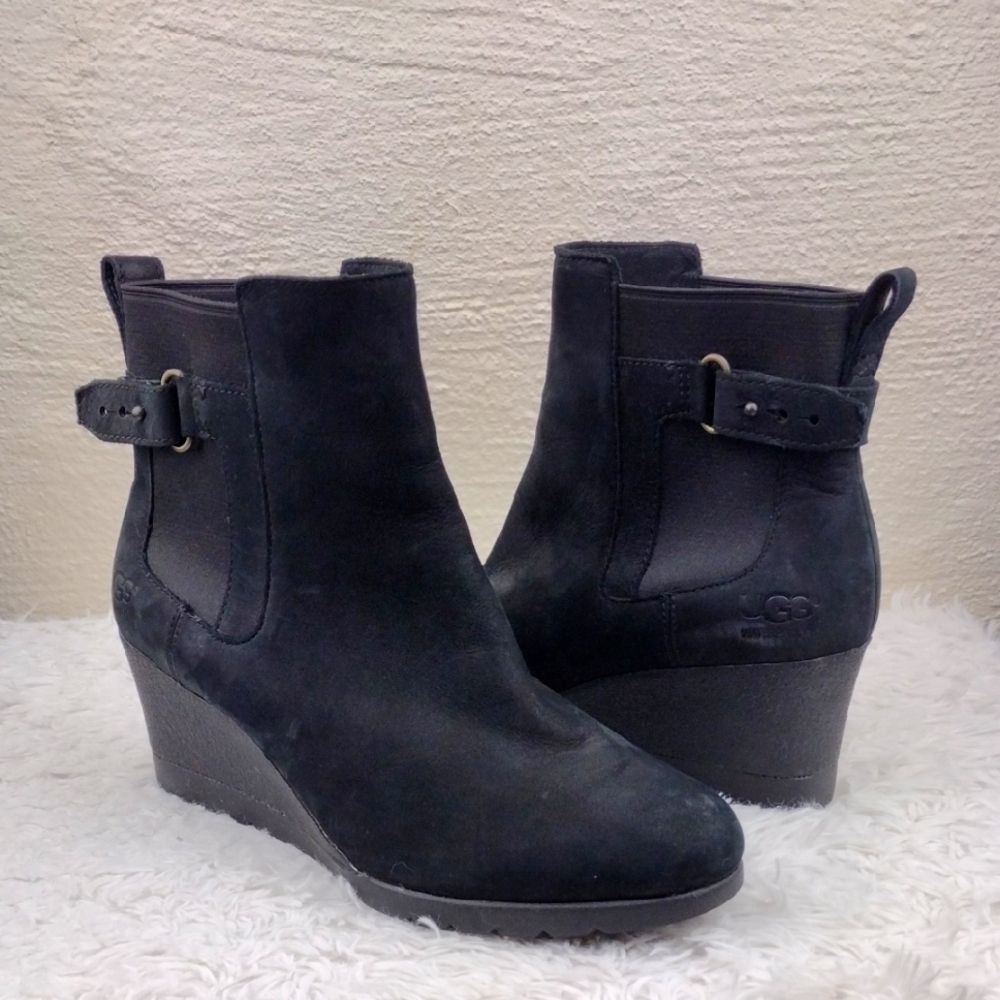 UGG Australia Indra Black Suede Waterproof Upper Wedge Heel Slip On Ankle Boot